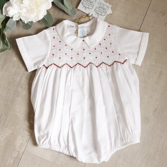 Newborn Boy's Smocked Diamond Creeper Red Embroidery Romper Feltman Brothers NWT - Picture 1 of 4